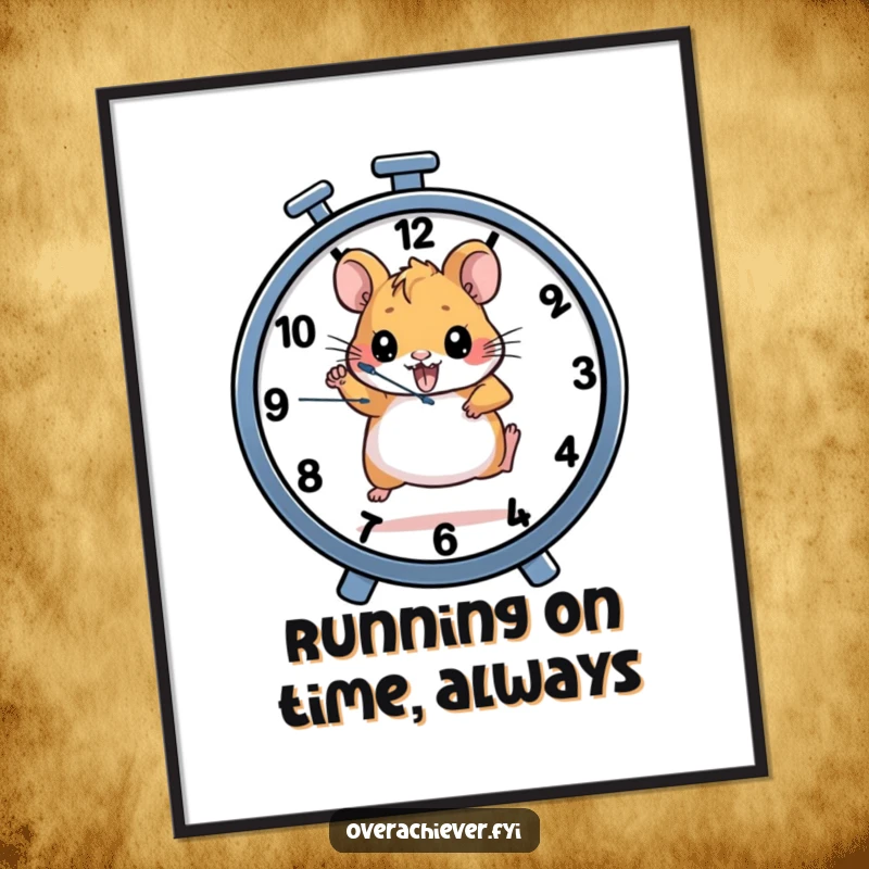 Funny Free Printable Wall Art: A determined hamster runs vigorously on a wheel that functions as a ticking clock, symbolizing relentless effort.