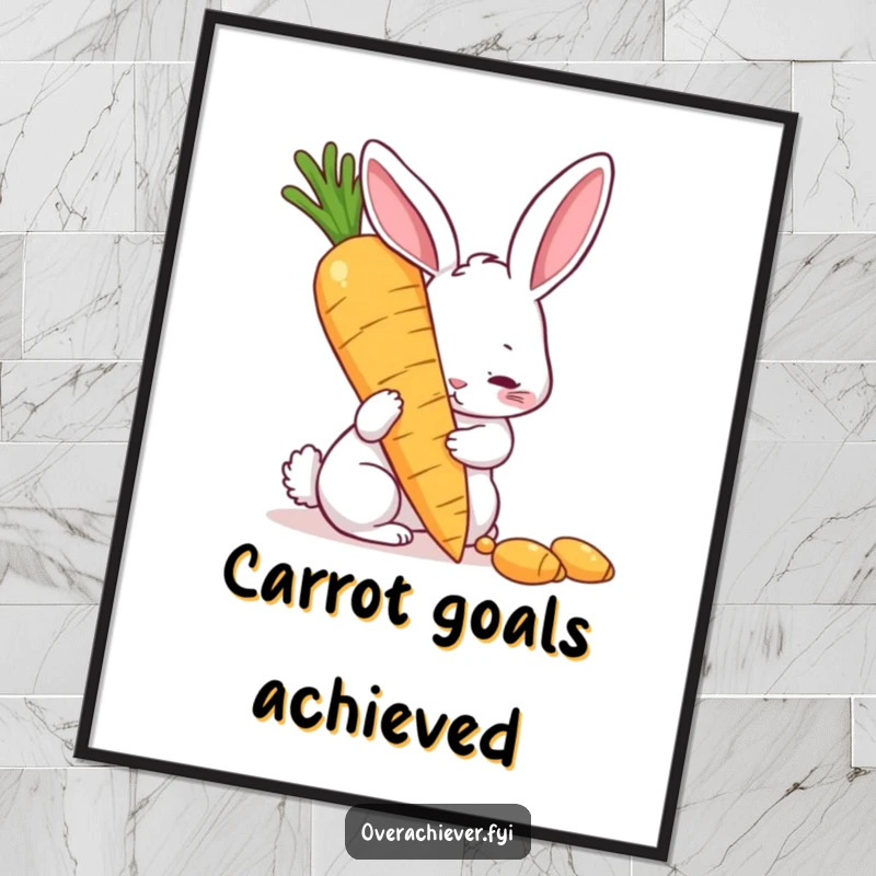 Funny Free Printable Wall Art of a rabbit intensely polishing a giant, gleaming golden carrot.