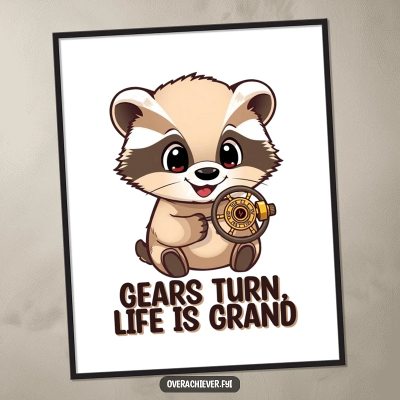 Funny Free Printable Wall Art: A delighted badger with wide eyes intensely studying a very small, finely crafted mechanical object.