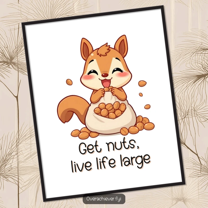 Funny Free Printable Wall Art of a cheerful squirrel madly stuffing nuts into a hilariously overflowing pouch.