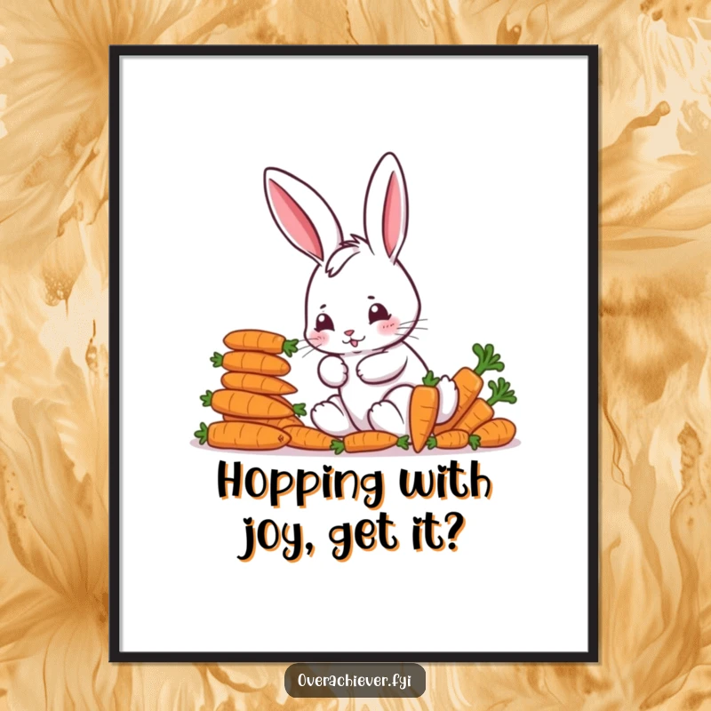 Funny Free Printable Wall Art: Focused bunny character precisely arranging a colorful stack of carrots, whimsical decor.