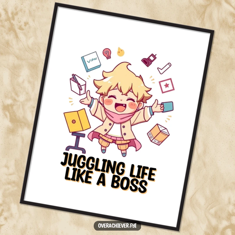 Funny Free Printable Wall Art showing a joyful character impressively juggling a chaotic multitude of objects, symbolizing a busy lifestyle.