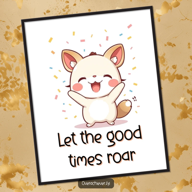 Funny Free Printable Wall Art: Small animal character joyfully cheering amidst falling confetti.