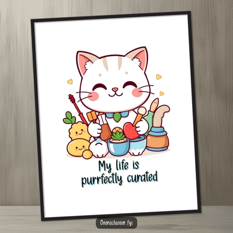 Funny Free Printable Wall Art: Smug cat displaying a flawlessly organized collection, humorous downloadable art.