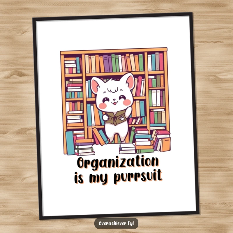 Funny Free Printable Wall Art: A small animal character enthusiastically organizing a chaotic bookshelf perfectly, creating a masterpiece.