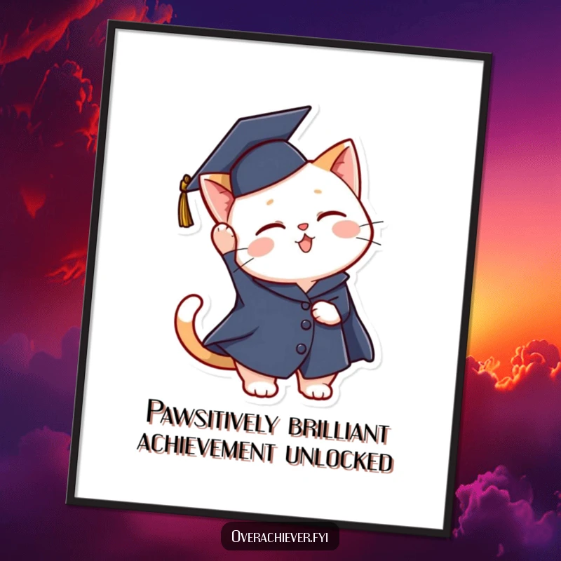 Funny Free Printable Cat Graduation Art: A cool cat wearing a graduation cap throws it in the air with pure joy.