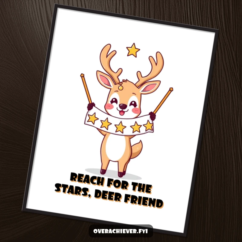 Funny Free Printable Wall Art: A deer character triumphantly holds a banner displaying many stars, adding a touch of magic.
