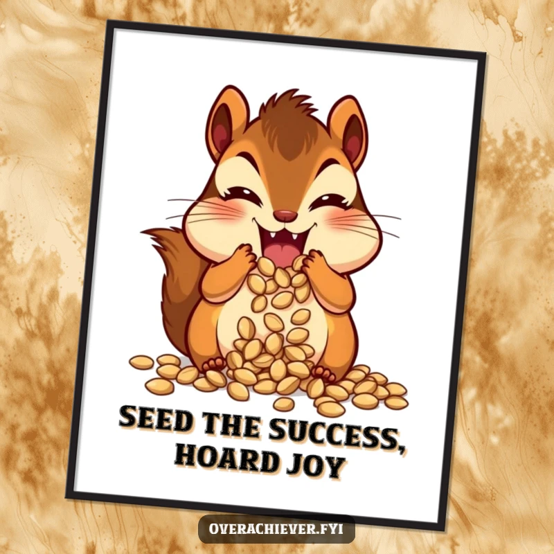 Funny Free Printable Wall Art: A chipmunk stuffed to the brim with seeds, embodying pure joy, a downloadable piece.