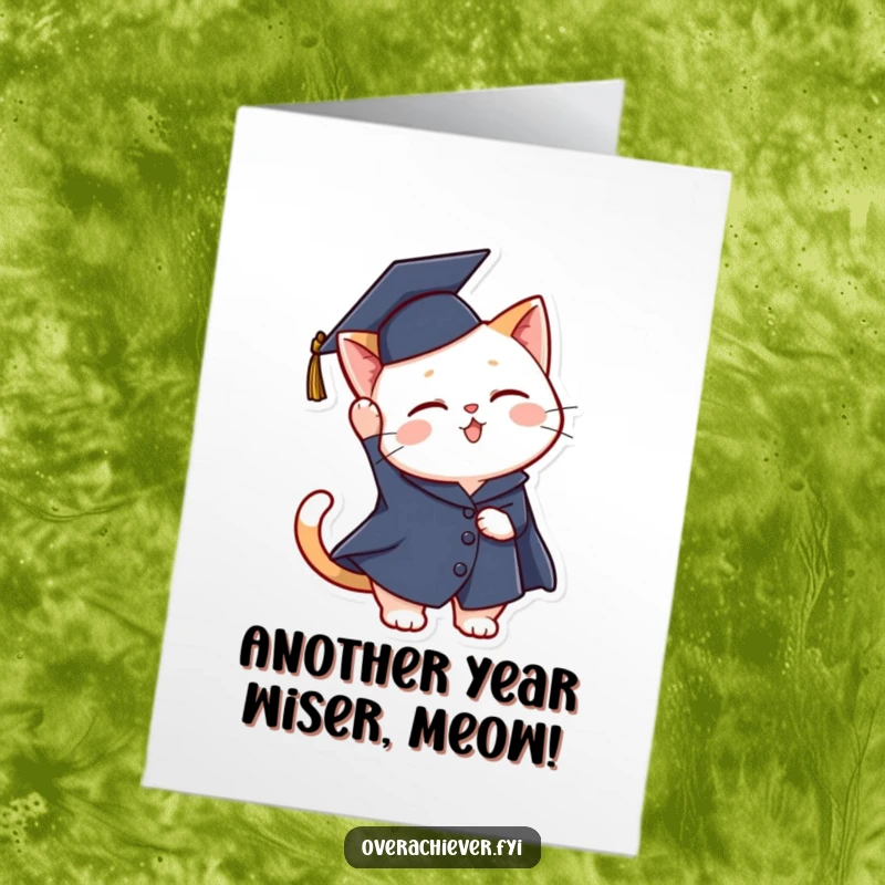 Funny Free Printable Cat Graduation Card: A cool cat celebrates graduation, tossing cap high in the air, ready for fun.