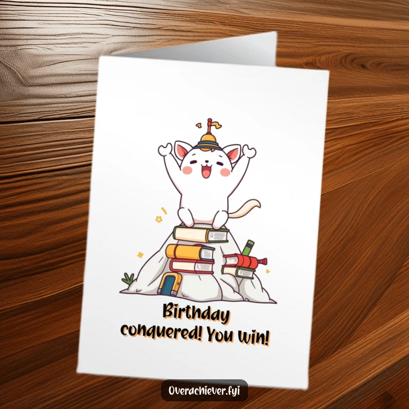 Funny Free Printable Birthday Card: Happy animal character celebrating atop a huge mountain of tasks.