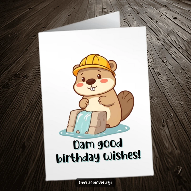 Funny Free Printable Birthday Card of a diligent beaver in a hard hat, intently working on a miniature dam.