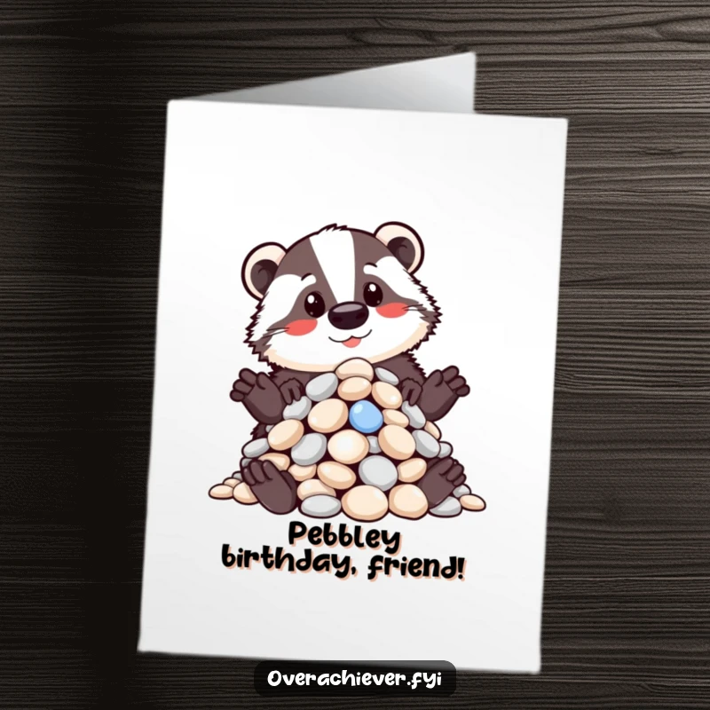 Funny Free Printable Birthday Card: A proud badger proudly displays a perfectly arranged pile of shiny pebbles.