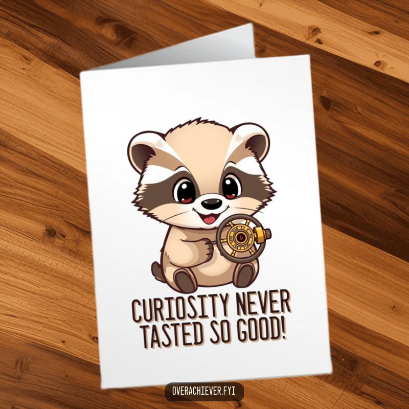 Funny Free Printable Birthday Card: A delighted badger with wide eyes keenly inspecting a very small, complex mechanical device.
