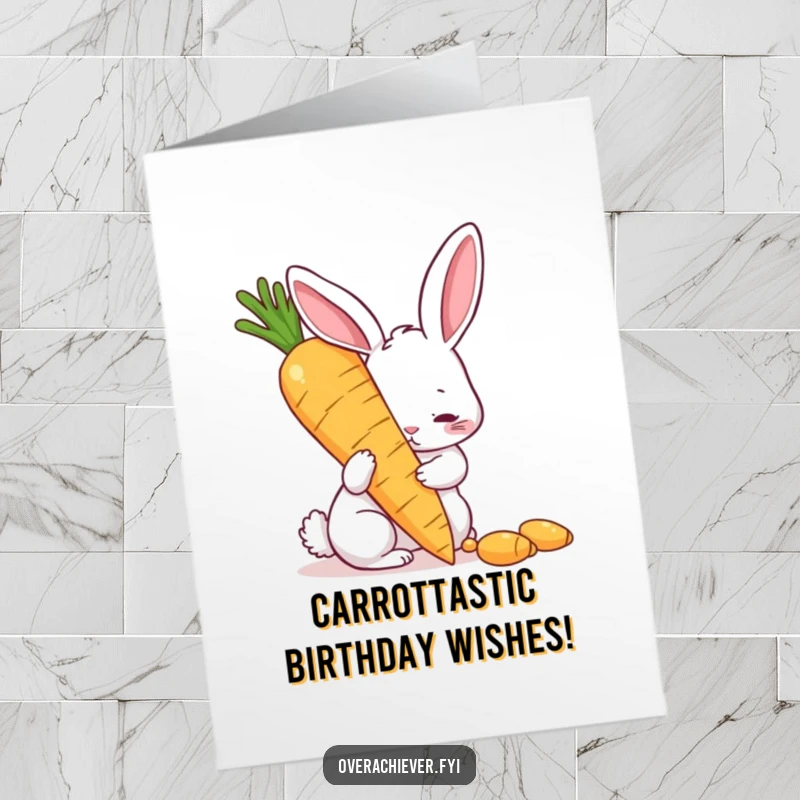 Funny Free Printable Birthday Card featuring a determined rabbit polishing a giant golden carrot with intense focus.