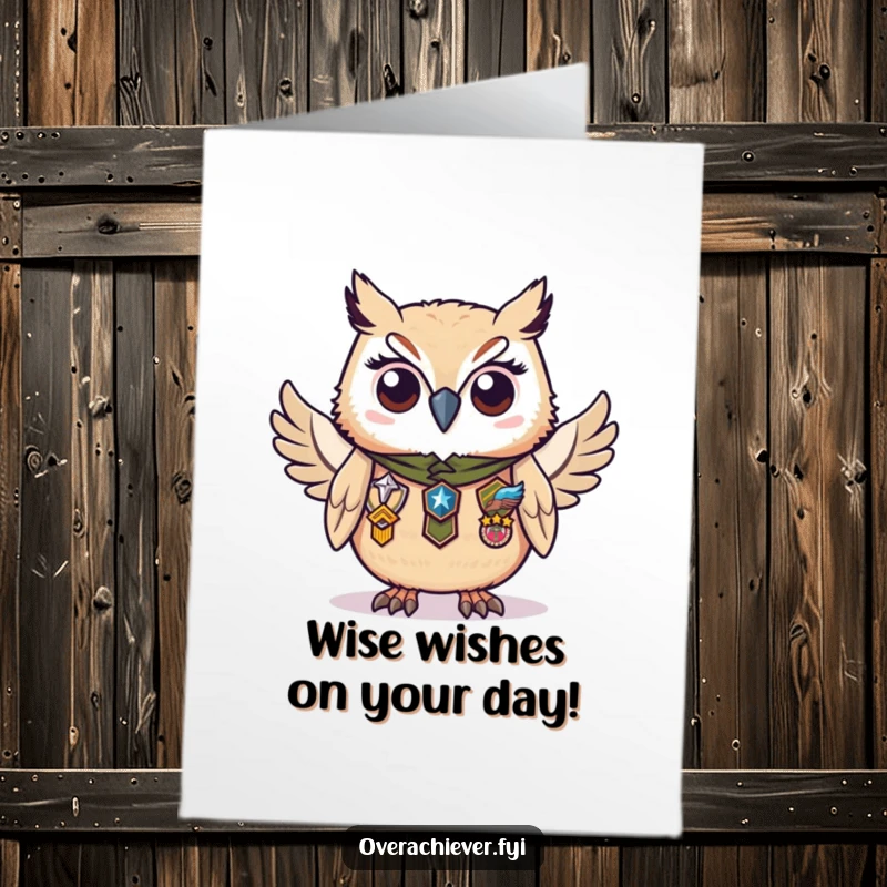 Funny Free Printable Birthday Card: A wise owl proudly displays numerous badges of honor, celebrating a year of accomplishments.