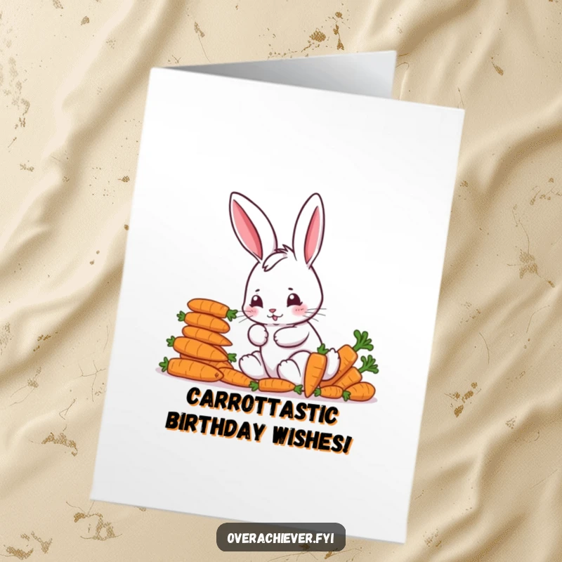 Funny Free Printable Birthday Card: Focused bunny stacking colorful carrots, celebrating with downloadable humor.