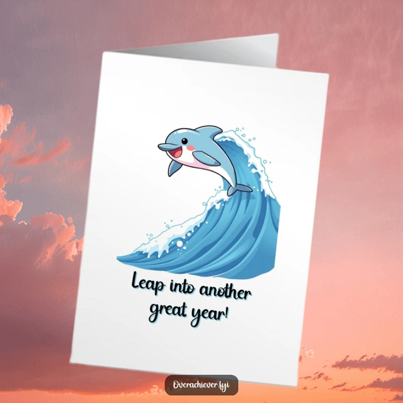 Funny Free Printable Birthday Card: A joyful dolphin leaping high over a massive, sparkling wave, celebrating triumph and fun.