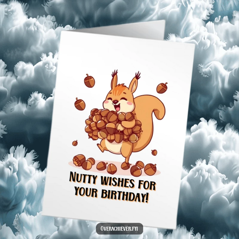 Funny Free Printable Birthday Card: Motivated squirrel character energetically juggling an impossibly large pile of acorns with focus.