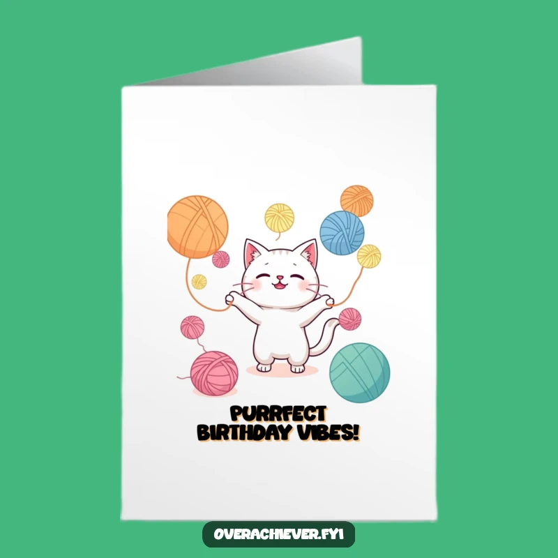 Free Printable Kawaii Cat Birthday Card: Juggling Yarn Fun for a Funny Downloadable Gift