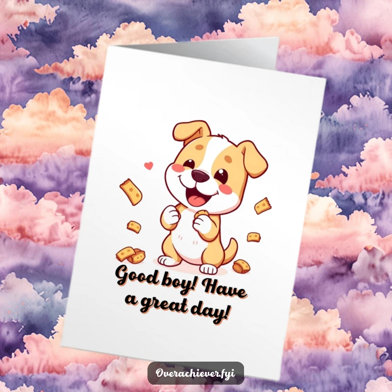 Funny Free Printable Birthday Card: Happy dog doing an elaborate trick for many treats, celebrating joyfully.