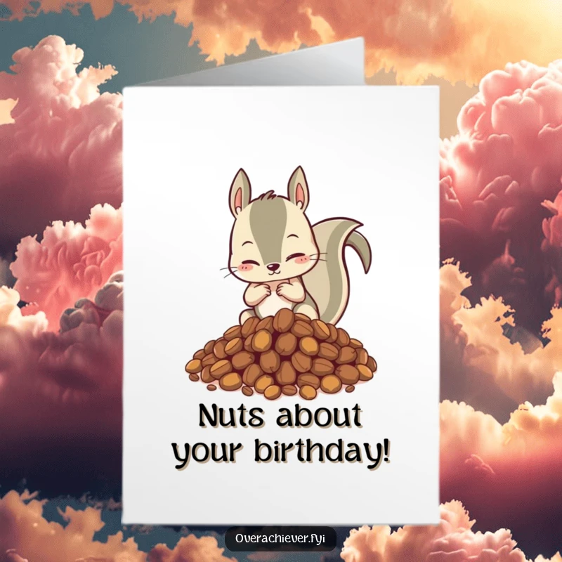 Funny Free Printable Birthday Card: Hyperactive squirrel frantically organizing a massive pile of nuts, a chaotic yet hilarious scene.