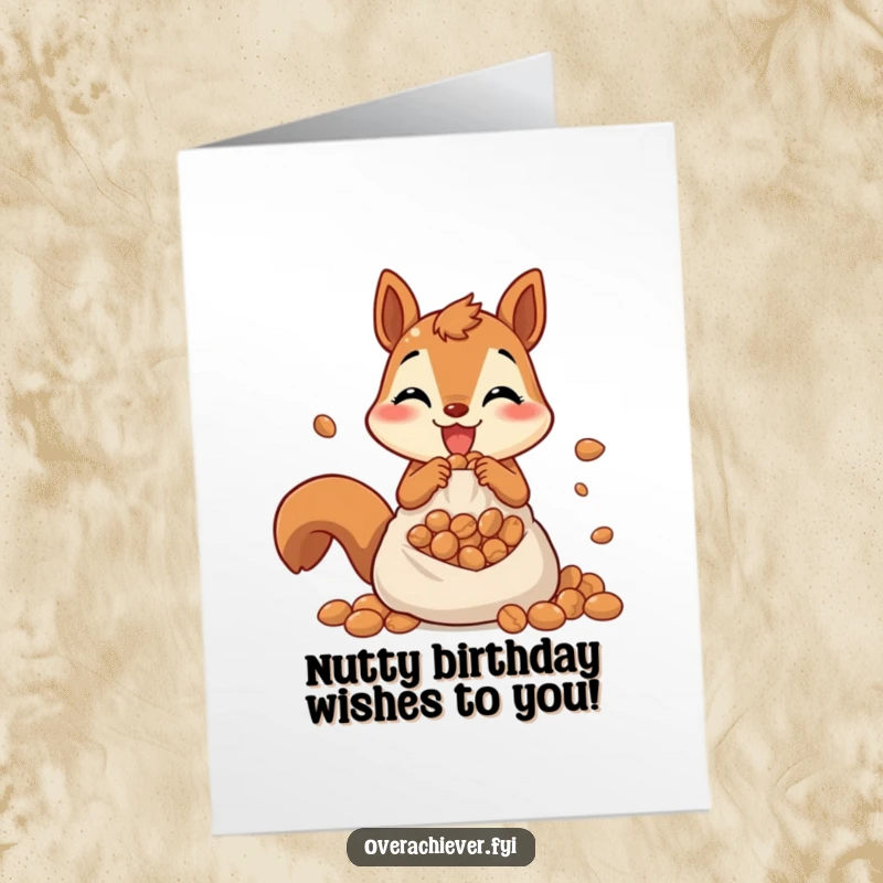 Funny Free Printable Birthday Card featuring a cheerful squirrel stuffing nuts at lightning speed into an overflowing pouch.