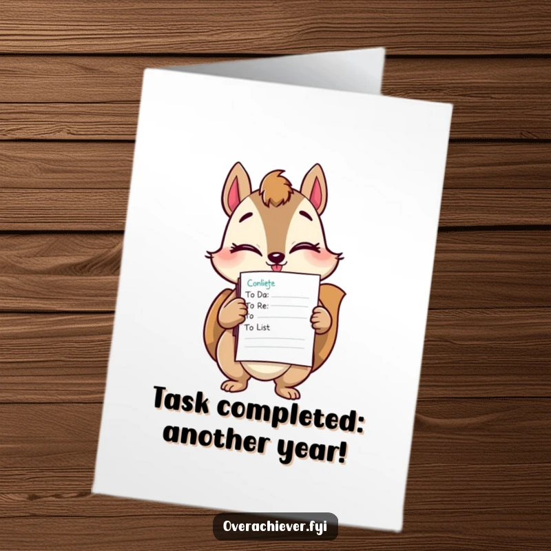 Funny Free Printable Squirrel Birthday Card: A winking squirrel holds completed to-do lists, wishing a productive happy birthday.