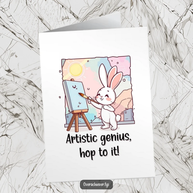 Funny Free Printable Bunny Artist Congrats Card: A cheerful bunny enthusiastically paints a large mural with a very small paintbrush.