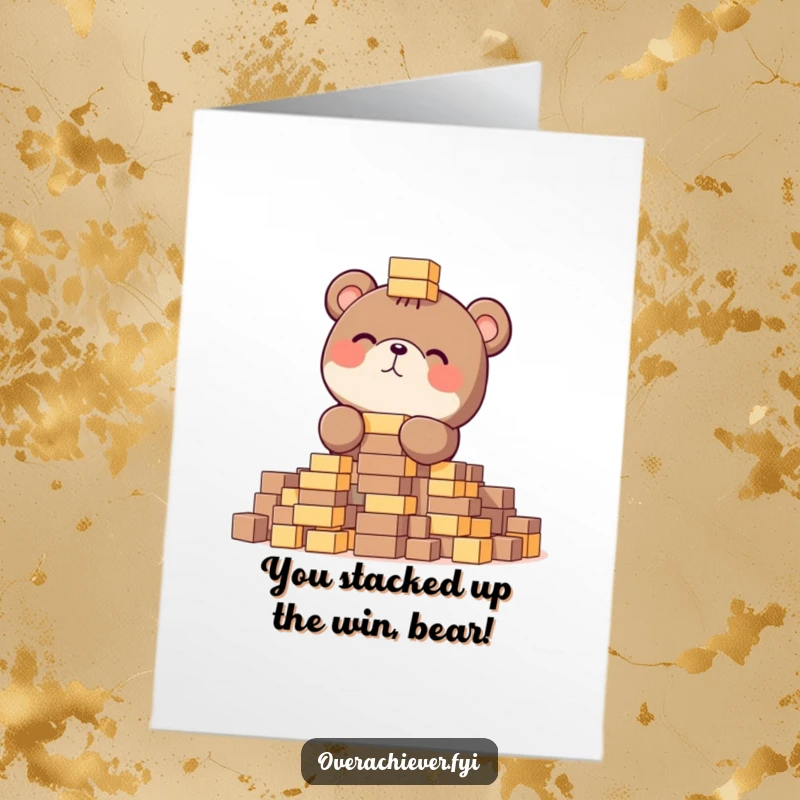 Funny Free Printable Congratulations Card: A focused bear gleefully stacks an enormous number of tiny blocks, celebrating success.