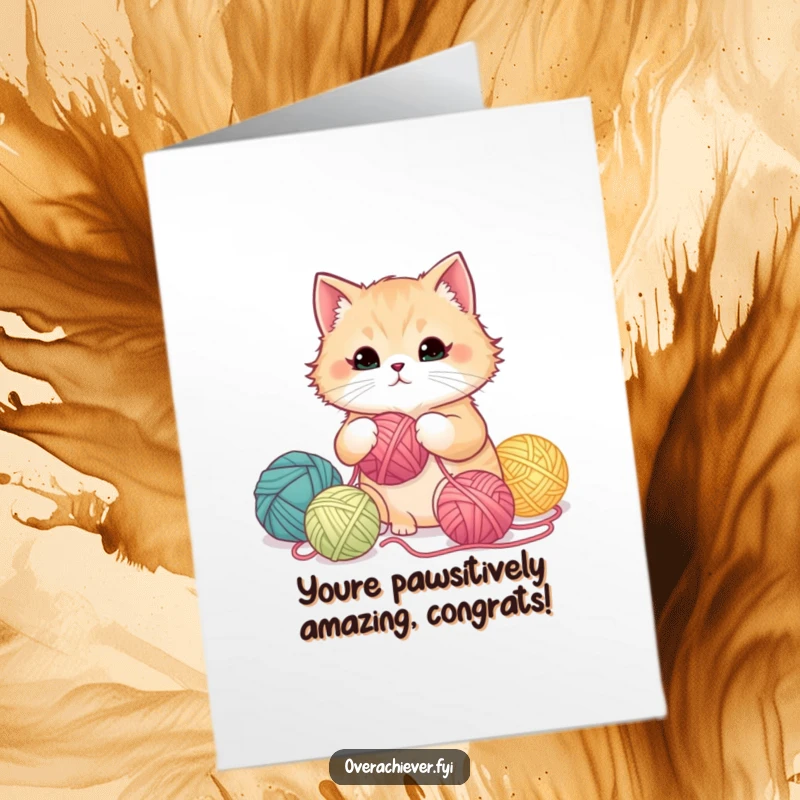 Funny Free Printable Congrats Card: Fluffy cat meticulously organizing yarn balls by color gradient, showcasing a perfectly ordered display.