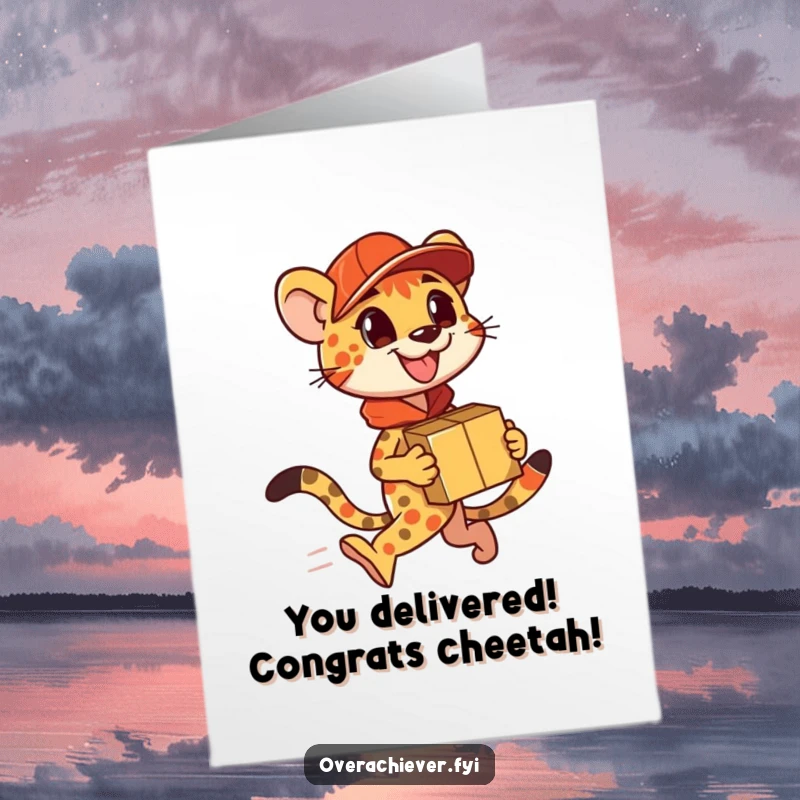 Funny Free Printable Congratulations Card featuring a cheetah dashing with an unusually large stack of packages.