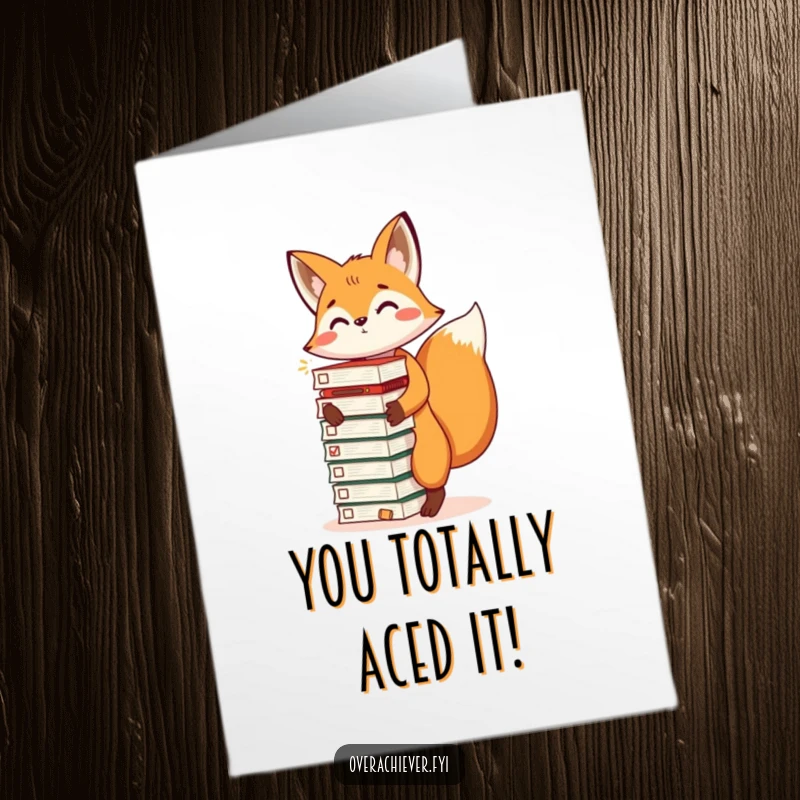 Funny Free Printable Congratulations Card showing an energetic fox triumphantly balancing a huge stack of finished task lists.