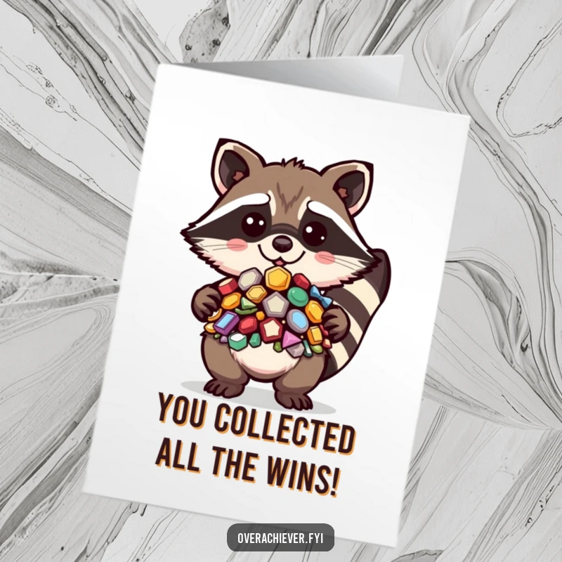 Funny Free Printable Congrats Card: A delighted kawaii raccoon proudly displays its meticulously organized hoard of glittering prizes.
