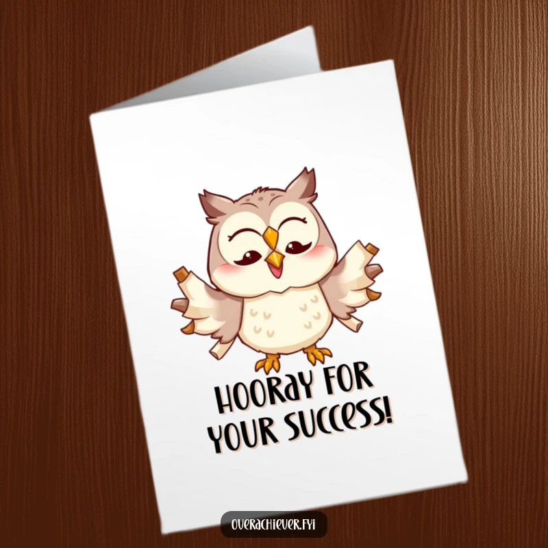 Funny Free Printable Congrats Card: Cheerful owl trying to multitask with too many scrolls unfurled, celebrating success.