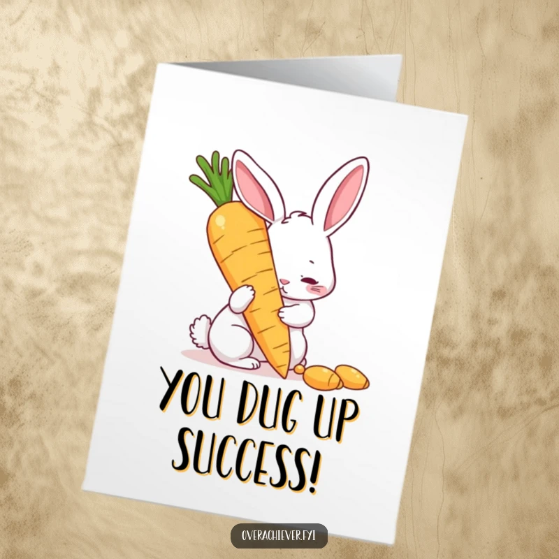 Funny Free Printable Congratulations Card showing a rabbit beaming while polishing a massive golden carrot.