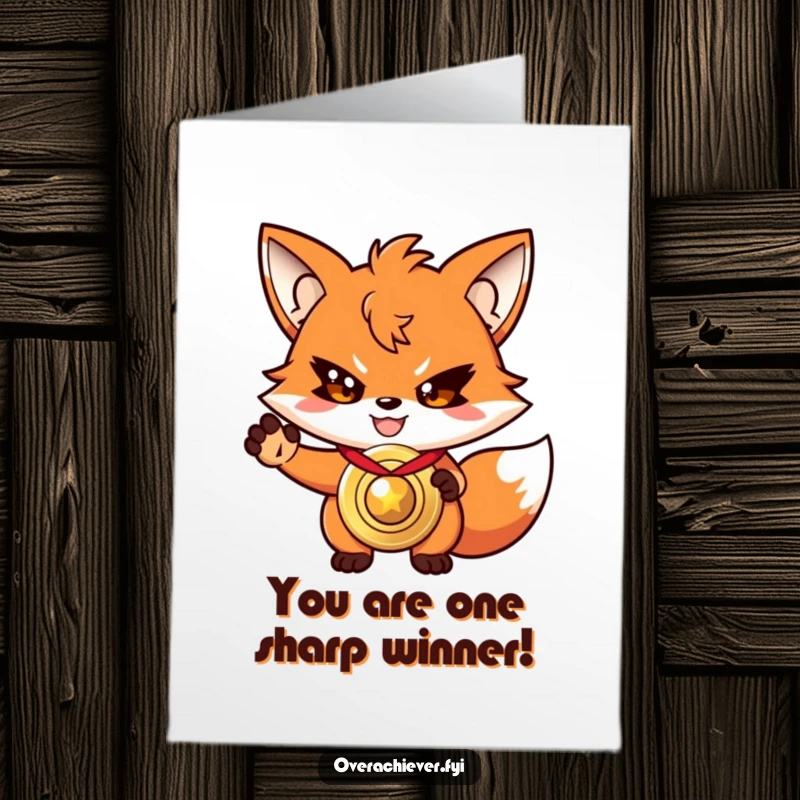 Funny Free Printable Congratulations Card: Driven fox character with a triumphant grin, proudly presenting a large, shiny medal.