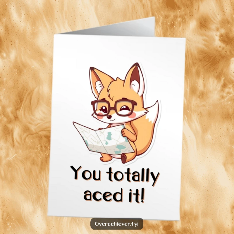 Funny Free Printable Congrats Card: Fox wearing spectacles examines a map, celebrating newfound knowledge.