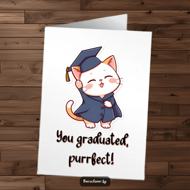 Funny Free Printable Cat Graduation Card: A cool cat in cap and gown triumphantly tosses graduation cap, celebrating success.