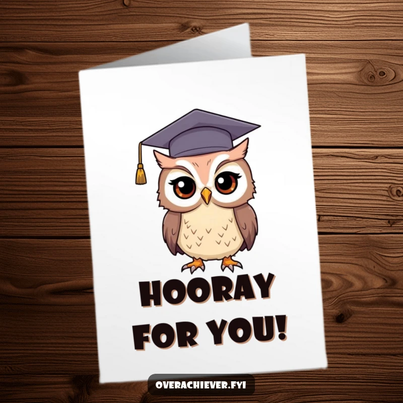 Funny Free Printable Congratulations Card: A determined owl wears a comically large graduation cap, symbolizing academic achievement with humor.