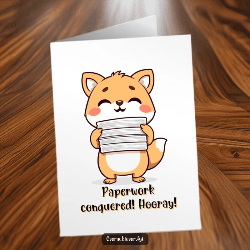 Funny Free Printable Congratulations Card: A determined animal character triumphantly displays a massive stack of completed papers, marking a great accomplishment.