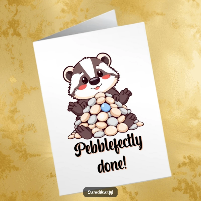 Funny Free Printable Congratulations Card showing a proud badger admiring a meticulously organized heap of shiny pebbles.