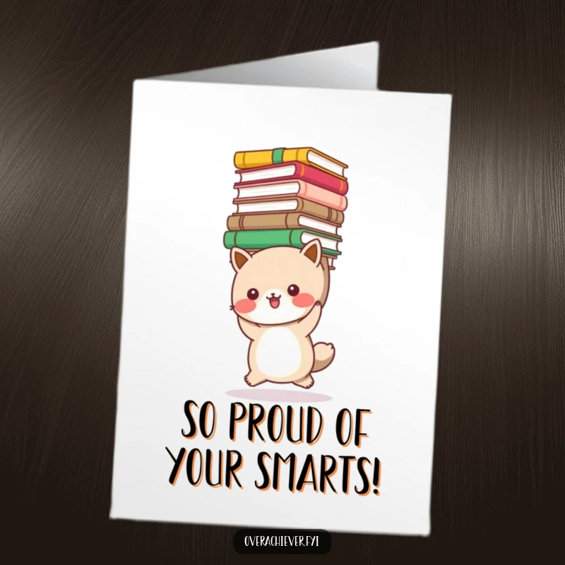 Funny Free Printable Congratulations Card: A cute animal heroically carrying a massive pile of books, signifying a grand achievement.