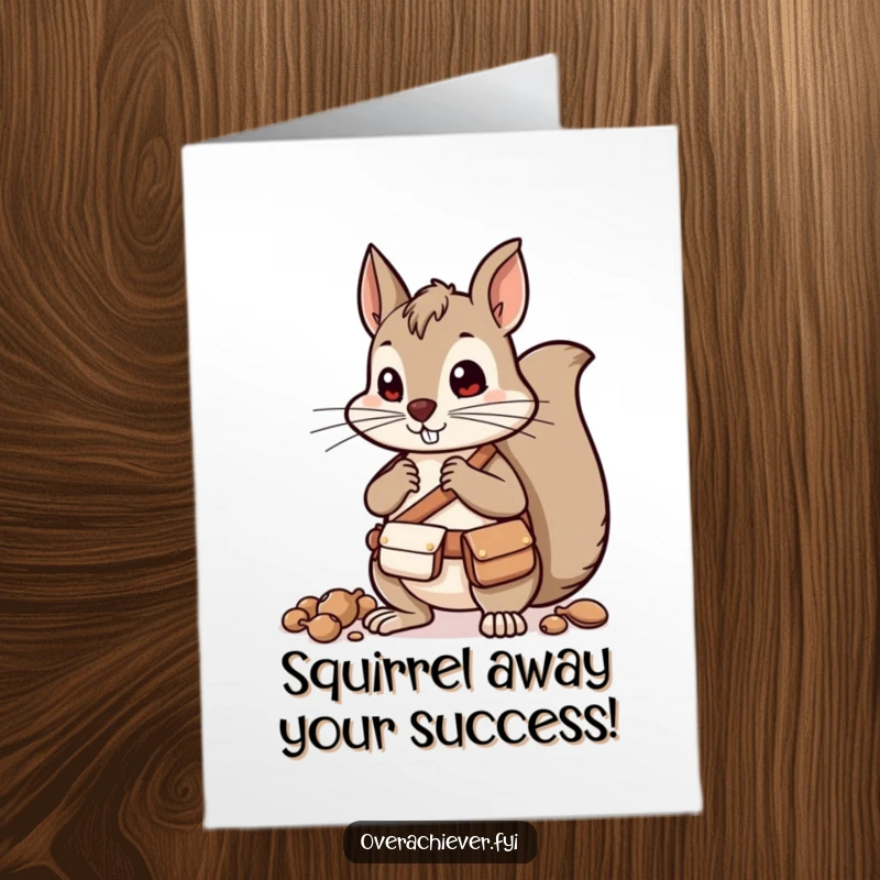 Funny Free Printable Congratulations Card of a determined squirrel sorting nuts, symbolizing success and abundance.