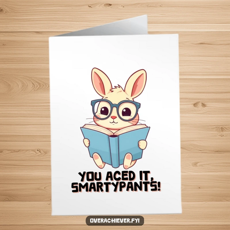 Funny Free Printable Congratulations Card featuring a cute rabbit in oversized glasses, proudly holding an open book.