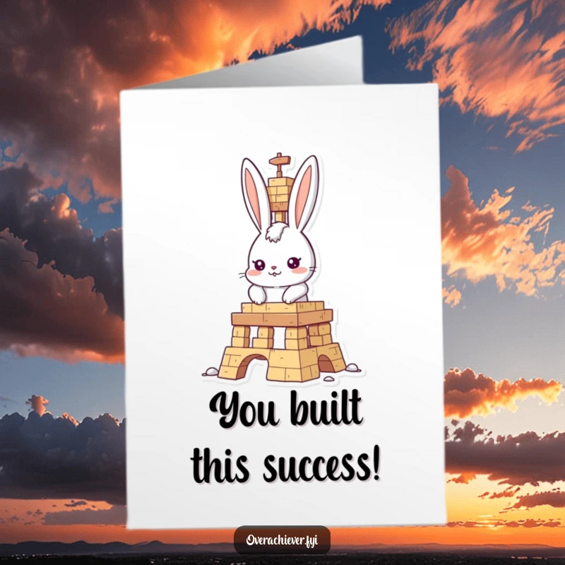 Funny Free Printable Congratulations Card featuring a determined rabbit constructing a grand structure, perfect for celebrating achievements.