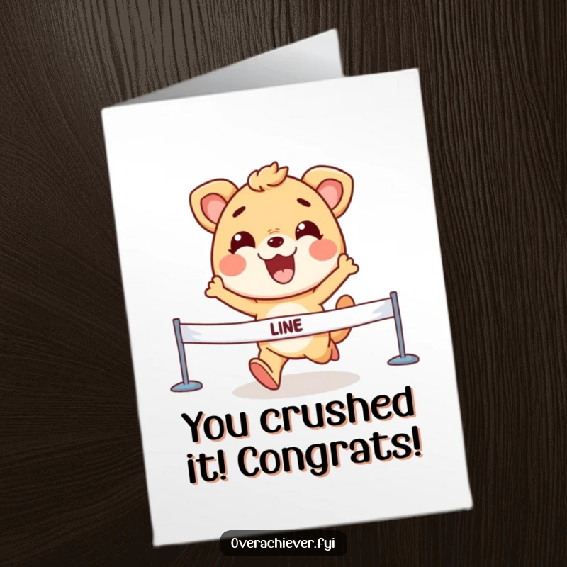 Funny Free Printable Congratulations Card: An animal character triumphantly crosses a finish line with a determined grin, celebrating a grand success.