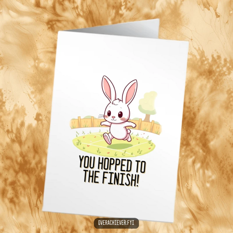 Funny Free Printable Congratulations Card: Determined rabbit character running countless laps, signifying a huge achievement.