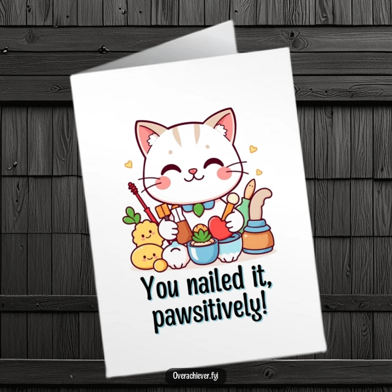 Funny Free Printable Congrats Card: Smug cat showcases meticulously organized items, perfect funny downloadable gift.