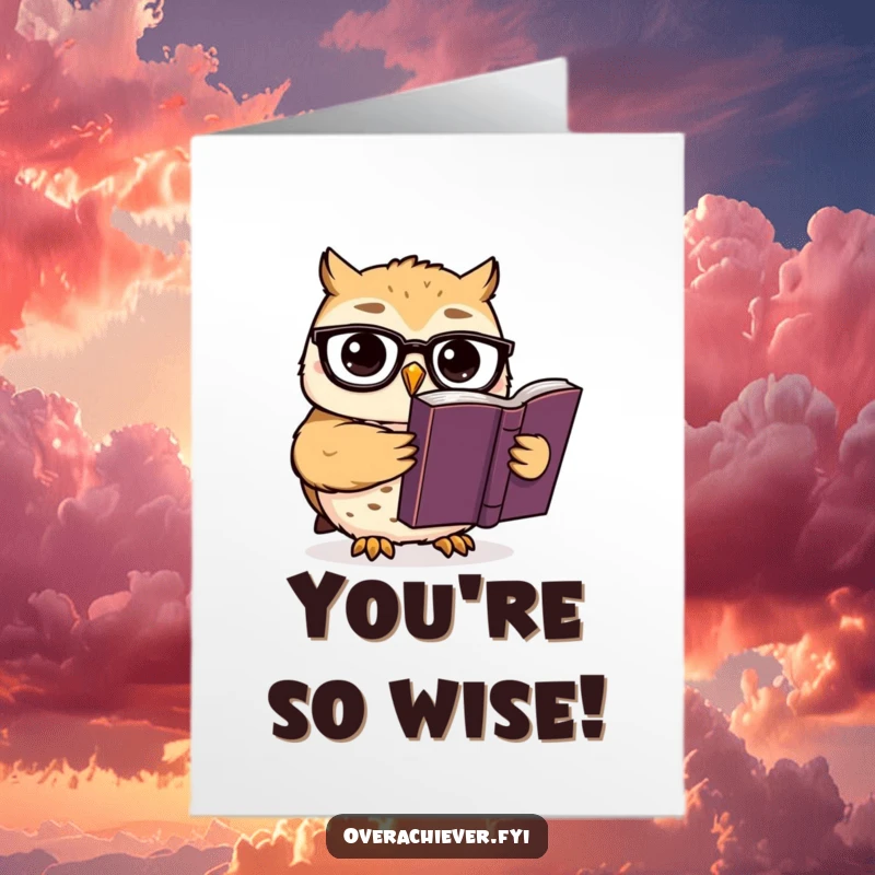 Funny Free Printable Congratulations Card: A cute owl wearing spectacles reads a thick, important-looking book, celebrating wisdom.