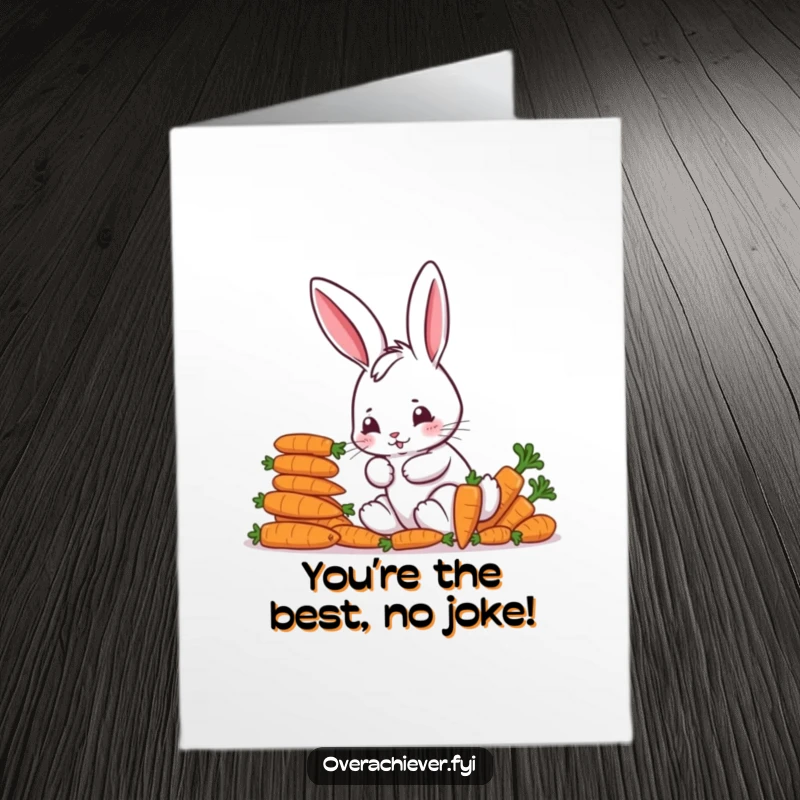 Funny Free Printable Congrats Card: Bunny diligently stacks carrots, symbolizing a successful, earned reward.